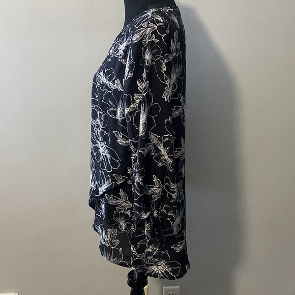 Apt. 9 Black & White Floral Print Blouse Faux Wrap 3/4 Tie Cuff Sleeves Sz L - Picture 5 of 10